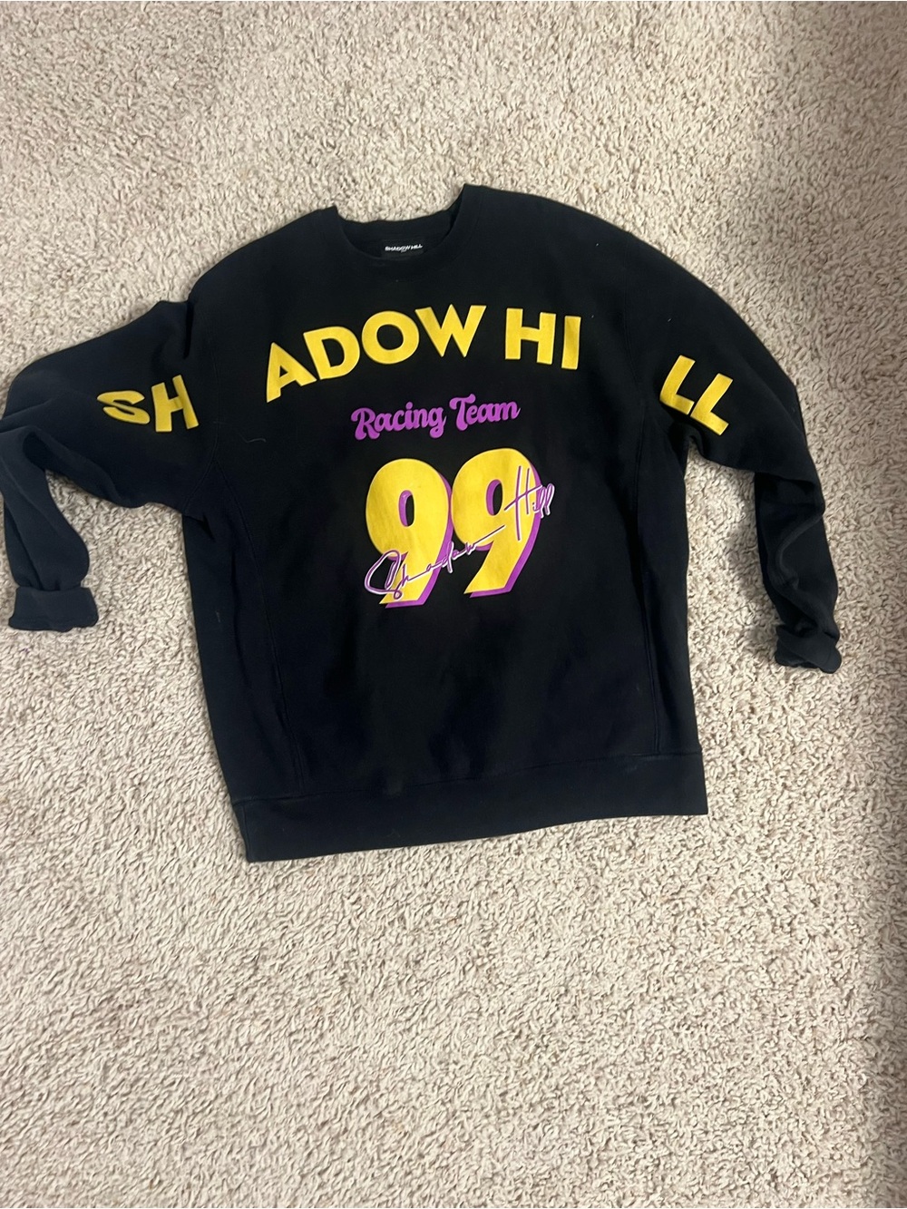 Shadow Hill Black Crewneck Sweatshirt with Yellow and Purple Racing Graphics